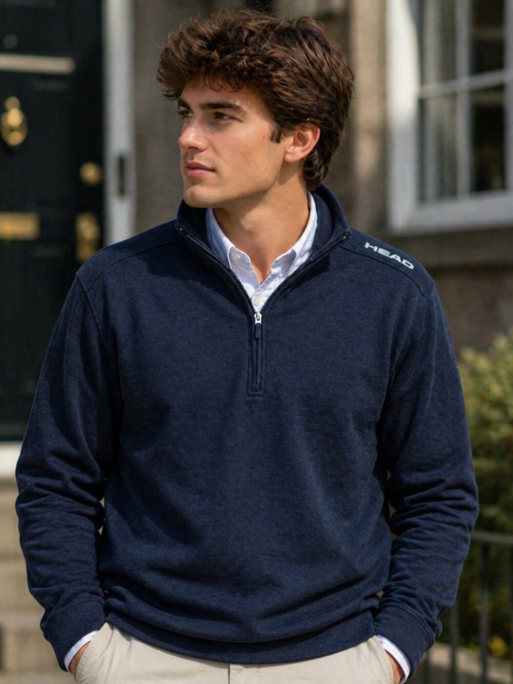 Head Pullover Sweater Men's Quarter Zip Long Sleeve Blue Fleece Lined Size Large
